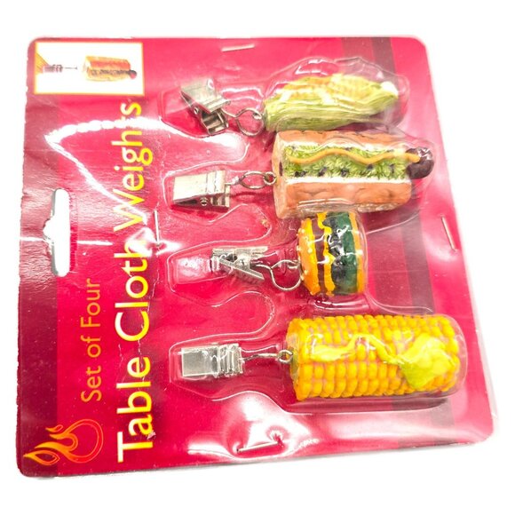 Vintage Tablecloth Weights Set of 4 Backyard BBQ Theme Burger Corn Cob Hotdog - Picture 2 of 5